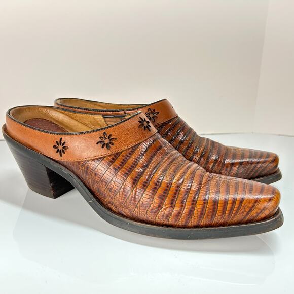 Ariat Womens 7 B Desert Star Cognac Leather Lizard Mules Clogs 13397 Square Toe - Picture 1 of 16
